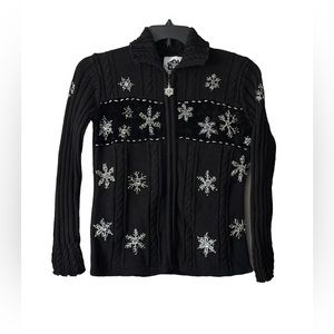 Storybook Knits Women’s Size XS Sweater Zip Up Collared Beaded Snowflakes Black